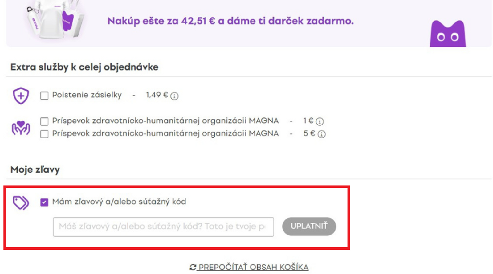 Pole na zadanie zľavového kódu v košíku Muziker