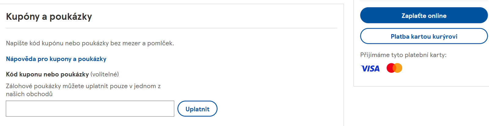 Pole pro zadání kódu kuponu nebo poukázky v košíku Tesco