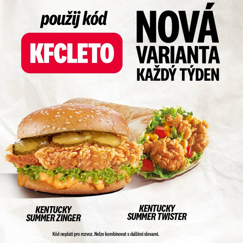Zinger nebo Twister v KFC za 89 Kč s kódem KFCLETO