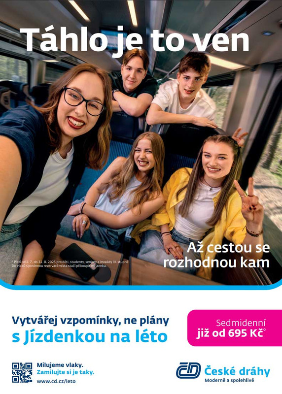 Jízdenka na léto od ČD: týden neomezeného cestování vlakem za 1390 Kč (děti a senioři 695)