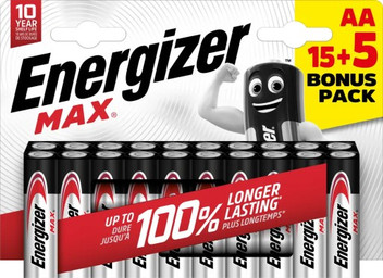 20 baterií Energizer Max (AA i AAA) v Kauflandu letáku - 7 Kč za kus