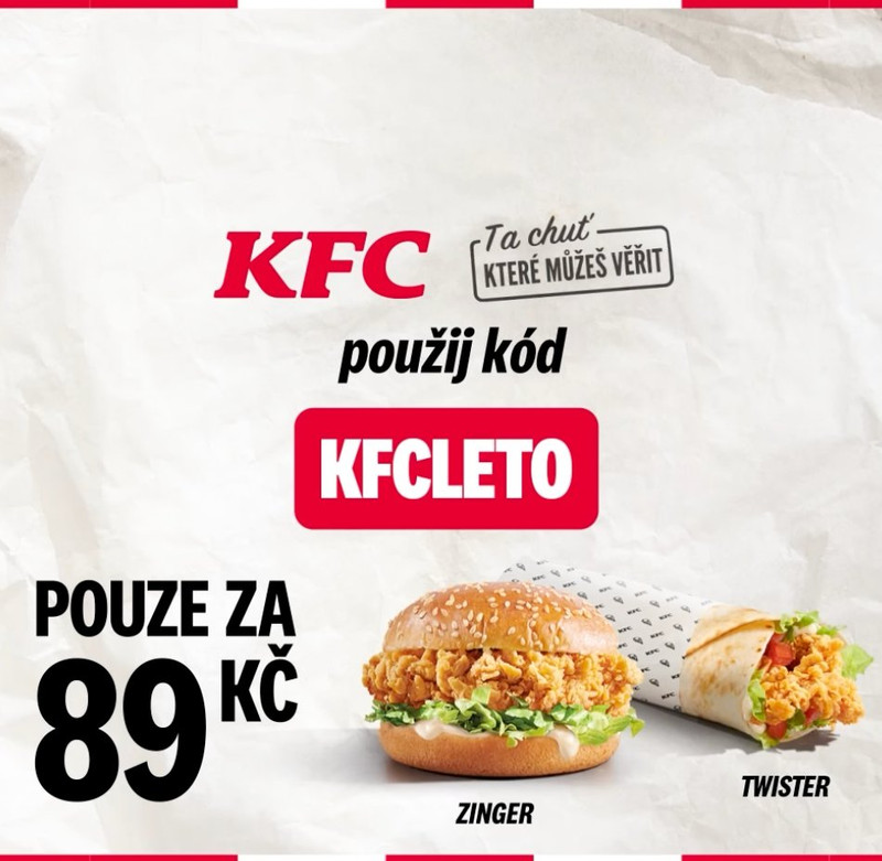 Zinger nebo Twister v KFC za 89 Kč s kódem KFCLETO