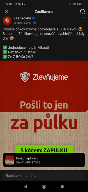 Kód ZAPULKU: poslání balíku přes Zásilkovnu za polovinu, jen v aplikaci