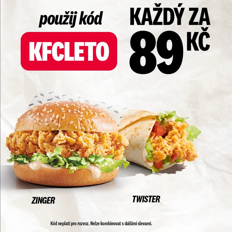 Zinger nebo Twister v KFC za 89 Kč s kódem KFCLETO